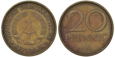 ГДР 20 пфеннигов 1969 А, первый год KM 11 латунь 62-946