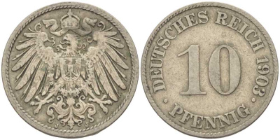 ГЕРМАНИЯ 10 ПФЕННИГОВ 1903 J KM 12, J. 13 медно-никель 4401-1252