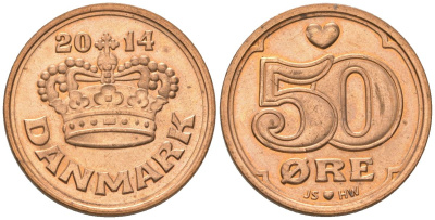 Дания 50 эре 2014 сердце JS, Маргрете II (1972-) KM 866 бронза UNC 4561-453