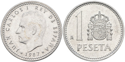Испания 1 песета 1987 M, Хуан Карлос I (1975-2014) KM 821 алюминий 4402-834