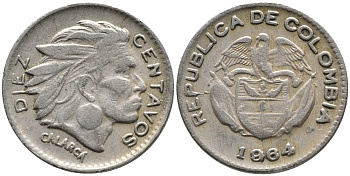 КОЛУМБИЯ 10 СЕНТАВО 1964 КАЛАРКА KM 212.2 медно-никель 4532-226