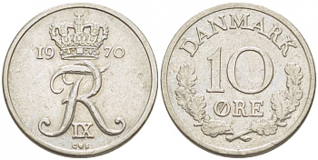 ДАНИЯ 10 ЭРЕ 1970 C; S, ФРЕДЕРИК IX (1947-1972) KM 849.1 медно-никель 3996-1053