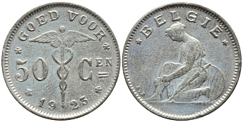 БЕЛЬГИЯ 50 САНТИМОВ 1923 BELGIE KM 88 никель 4392-856