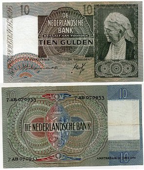 Нидерланды 10 гульденов 1940 Королева Эмма, Амстердам, 18 июня 1940 Pick 53 бумага XF 451-96-1