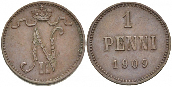 Россия для Финляндии 1 пенни 1909 Николай II (1894-1917) KM 13, Биткин 470 медь 105-736