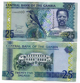 Гамбия 25 даласи ND (2006-2013) карминная щурка Pick 27 a бумага UNC (пресс) 448-17-1