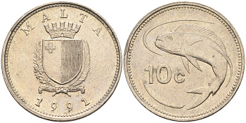 Мальта 10 центов 1991 золотая макрель KM 96 медно-никель 4588-223
