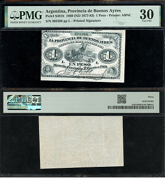 Аргентина, провинция Буэнос-Айрес 5 песо 1869 баран, женские портреты в слабе PMG 30 Very Fine Pick S481 b  бумага 452-1-126
