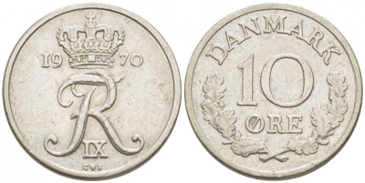 ДАНИЯ 10 ЭРЕ 1970 C; S, ФРЕДЕРИК IX (1947-1972) KM 849.1 медно-никель 3996-1053