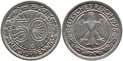 Германия 50 рейхспфеннигов 1928 G KM 49, J.324 никель 4387-1162