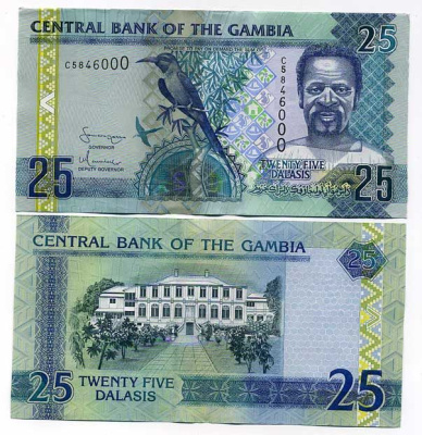 Гамбия 25 даласи ND (2006-2013) карминная щурка Pick 27 a бумага UNC (пресс) 448-17-1