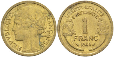 Франция 1 франк 1940 тип Морлон KM 885, LE FRANC 219.11 алюминиевая бронза 3853-212