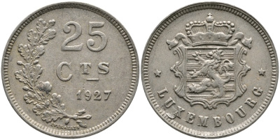 ЛЮКСЕМБУРГ 25 САНТИМОВ 1927 ВЕЛИКАЯ ГЕРЦОГИНЯ ШАРЛОТТА (1919-1964) KM 37 медно-никель 4538-813