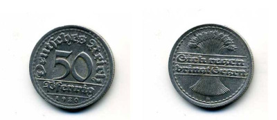 ГЕРМАНИЯ 50 ПФЕННИГОВ 1920 D KM 27, J. 301 алюминий 29-351