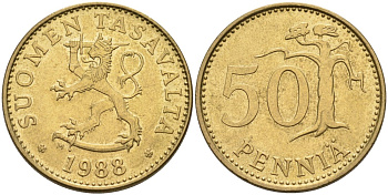 ФИНЛЯНДИЯ 50 ПЕННИ 1988 M KM 48 алюминиевая бронза 4563-451