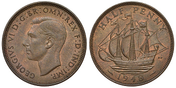 Великобритания 1/2 пенни 1948 Георг VI (1936-1952) KM 844, Spink 4115 бронза 71-1232