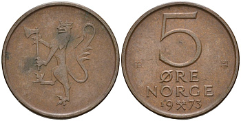 Норвегия 5 эре 1973 Улаф V (1958-1991) KM 415 бронза 4608-332