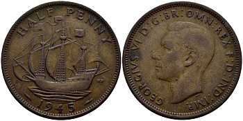 Великобритания 1/2 пенни 1945 Георг VI (1936-1952) KM 844, Spink 4115 бронза 56-1447