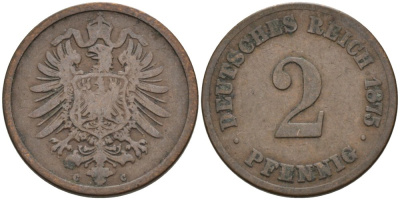 Германия 2 пфеннига 1875 C, старогербовка KM 2, J. 2 медь 4575-635