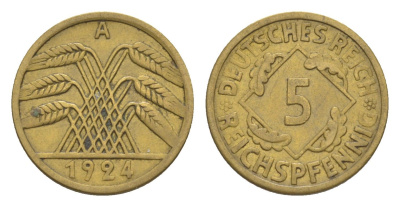 Германия 5 рейхспфеннигов 1924 A KM 39, J. 316 алюминиевая бронза 4644-1132