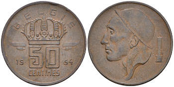 БЕЛЬГИЯ 50 САНТИМОВ 1954 BELGIE KM 145 бронза 4588-511