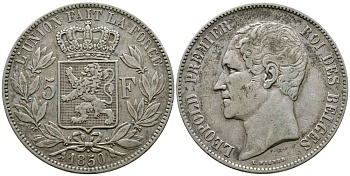 Бельгия 5 франков 1850 Леопольд I (1831-1865), точка над датой KM 17 серебро 74-1132