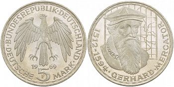 ФРГ 5 марок 1969 F, 375 лет со дня смерти Герарда Меркатора J. 400, KM 126.1 серебро UNC 4545-1136