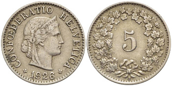 ШВЕЙЦАРИЯ 5 РАППЕНОВ 1926 В KM 26 медно-никель 4532-925