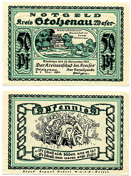 Штольценау 50 пфеннигов 1921 1 мая 1921 - 30 ноября 1921, нотгельд, земля Нижняя Саксония Grabowski 1276.2 бумага 2195-15-3-2