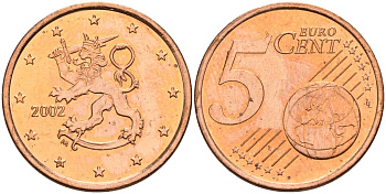 Финляндия 5 евроцентов 2002 KM 100 сталь плакированная медью UNC M57-02
