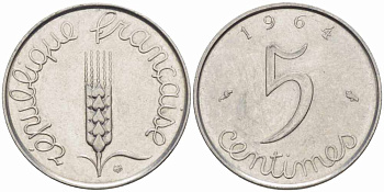 ФРАНЦИЯ 5 САНТИМОВ 1964 ПЯТАЯ РЕСПУБЛИКА KM 927, LE FRANC 124.6 хромированная сталь 105-439