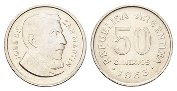Аргентина 50 сентаво 1953 генерал Хосе де Сан Мартин KM 49 сталь плакированная никелем UNC 4662-717