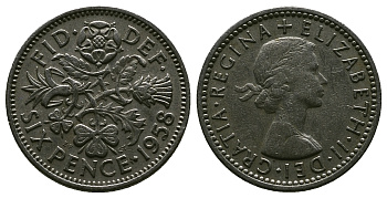 Великобритания 6 пенсов 1958 Елизавета II (1952-2022) KM 903, Spink 4149 медно-никель 4381-669