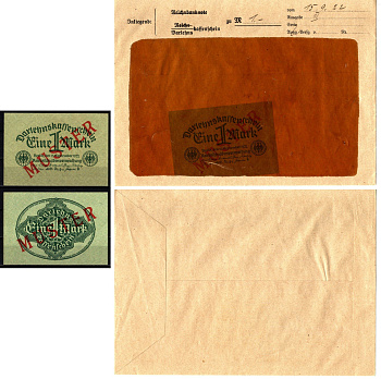 Германия 1 марка 1922 15 сентября, MUSTER, образец, Specimen. В оригинальном банковском конверте. Из коллекции Отто Сейфферта (помощник Ялмара Шахта - министра экономики Германии и президента Рейхсбанка времен третьего рейха) Pick 61 s, Grabowski DEU 192 