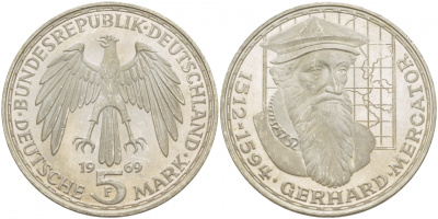 ФРГ 5 марок 1969 F, 375 лет со дня смерти Герарда Меркатора J. 400, KM 126.1 серебро UNC 4545-1136