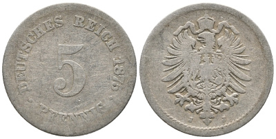 ГЕРМАНИЯ 5 ПФЕННИГОВ 1875 J, СТАРОГЕРБОВКА KM 3, J. 3 медно-никель 39-324