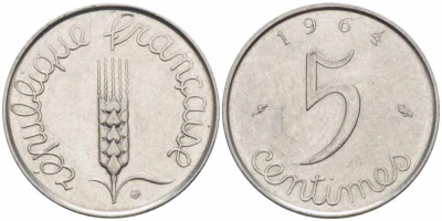 ФРАНЦИЯ 5 САНТИМОВ 1964 ПЯТАЯ РЕСПУБЛИКА KM 927, LE FRANC 124.6 хромированная сталь 105-439