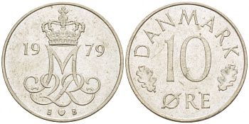 ДАНИЯ 10 ЭРЕ 1979 B; B, МАРГРЕТЕ II (1972-) KM 860.2 медно-никель 3309-166