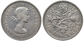 Великобритания 6 пенсов 1965 Елизавета II (1952-2022) KM 903, Spink 4149 медно-никель 4122-627