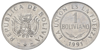 Боливия 1 боливиано 1991 KM 205 нержавеющая сталь UNC 117-726