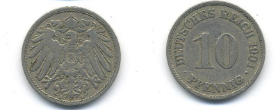 ГЕРМАНИЯ 10 ПФЕННИГОВ 1901 A KM 12, J. 13 медно-никель 58-236