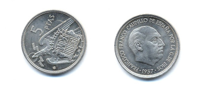 ИСПАНИЯ 5 ПЕСЕТ 1957 (74) ФРАНСИСКО ФРАНКО ДИКТАТОР ИСПАНИИ (1939-1975) KM 786 медно-никель 23-413