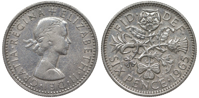 Великобритания 6 пенсов 1965 Елизавета II (1952-2022) KM 903, Spink 4149 медно-никель 4122-627