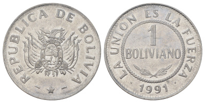 Боливия 1 боливиано 1991 KM 205 нержавеющая сталь UNC 117-726