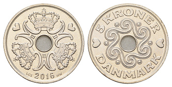 Дания 5 крон 2016 Маргрете II (1972-2024) KM 869 медно-никель UNC 119-115