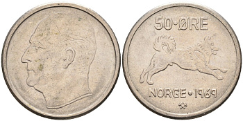 Норвегия 50 эре 1969 Улаф V (1957-1991), собака KM 408 медно-никель 4582-717