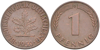 ФРГ 1 ПФЕННИГ 1950 D KM 105, J. 380 сталь плакированная медью 4181-536