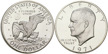 США 1 доллар 1971 S, Президент Эйзенхауэр, лунный орел KM 203a серебро  PROOF 1095-7-61