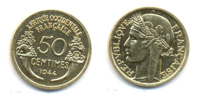 Французская Западная Африка 50 сантимов 1944 редкая KM 1, Lec 1 алюминиевая бронза aUNC 53-1122