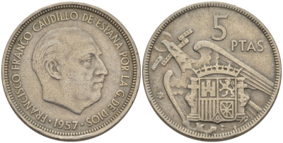 ИСПАНИЯ 5 ПЕСЕТ 1957 (65) ФРАНСИСКО ФРАНКО ДИКТАТОР ИСПАНИИ (1939-1975) KM 786 медно-никель 65-1023